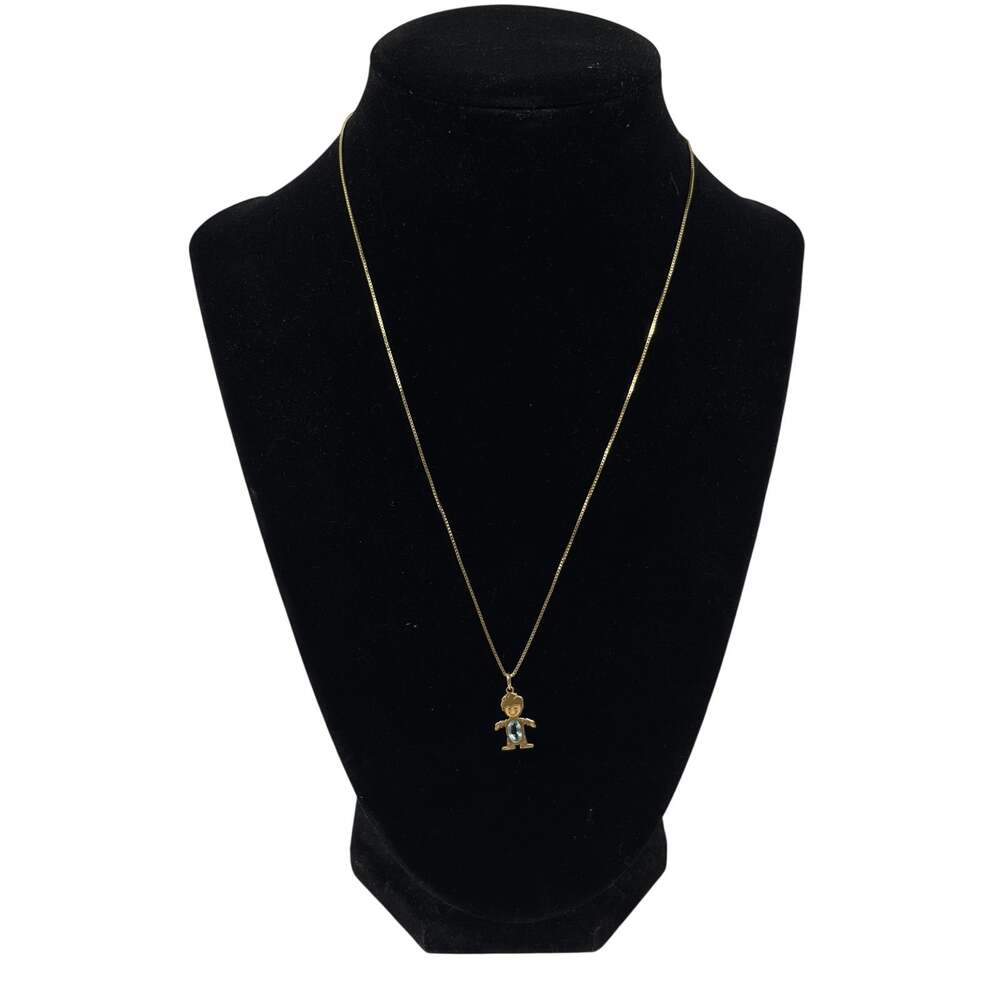 14K Yellow Gold Boy Pendant Necklace Womens Blue Stone Box Chain